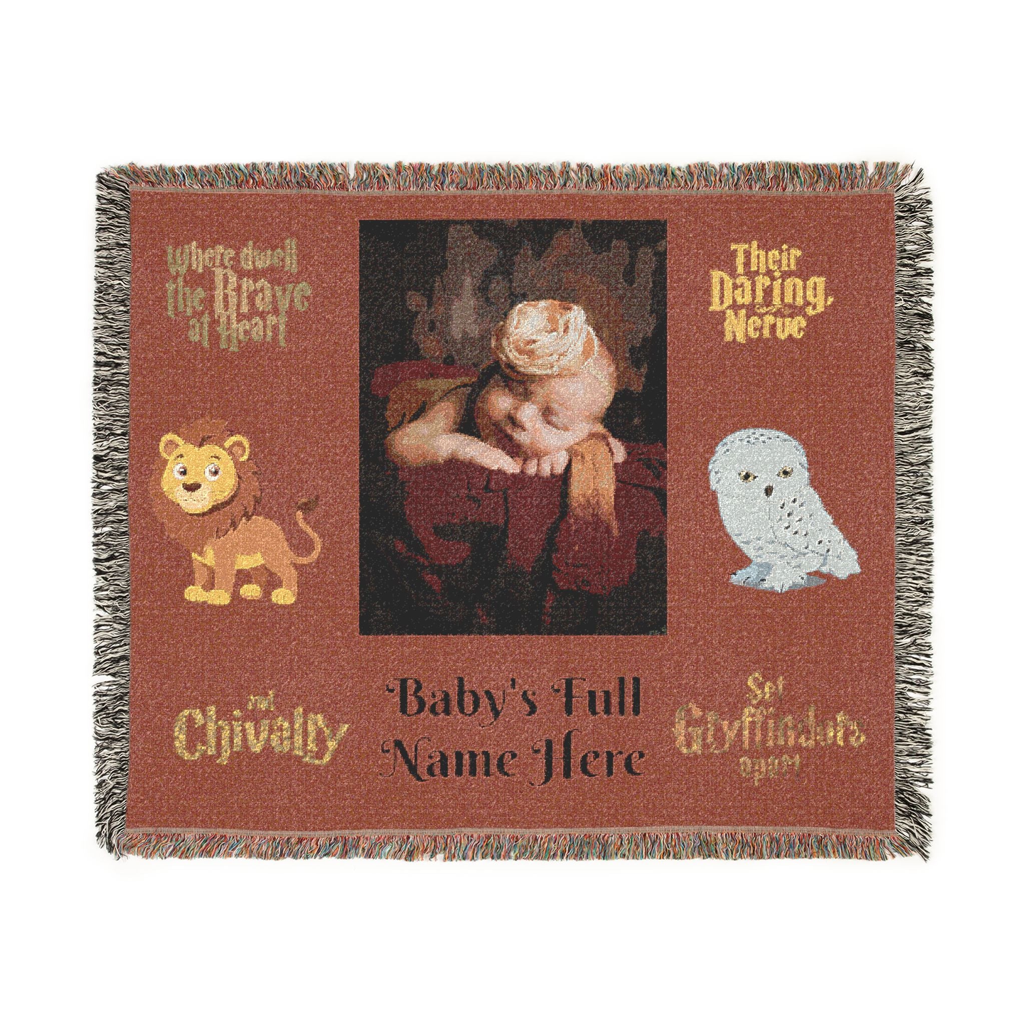 Personalized Woven Blanket — Custom Name and photo, Cozy Nursery Keepsake with Gryffindor Motifs