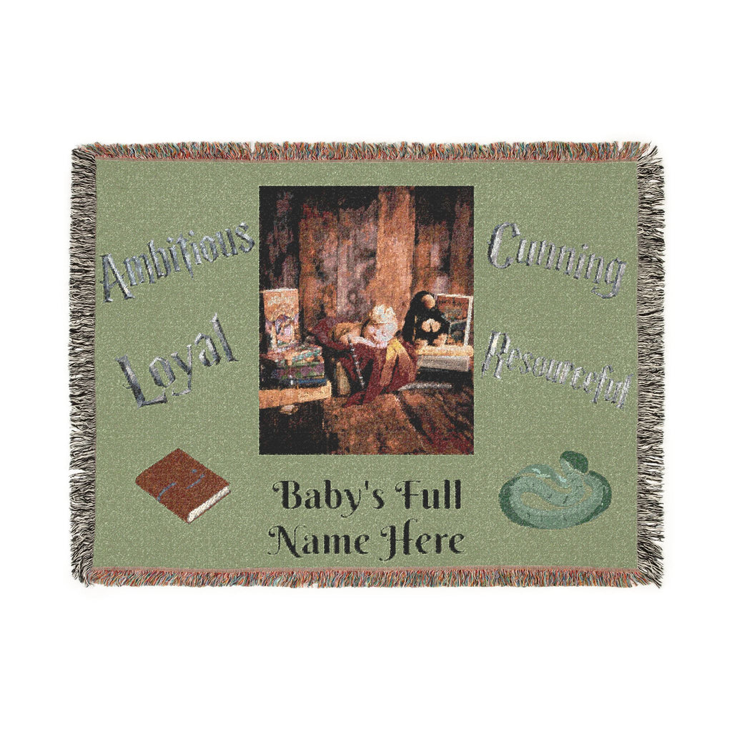 Personalized Baby Woven Blanket — Nursery Keepsake with Name, photo, and Slytherin Illustration