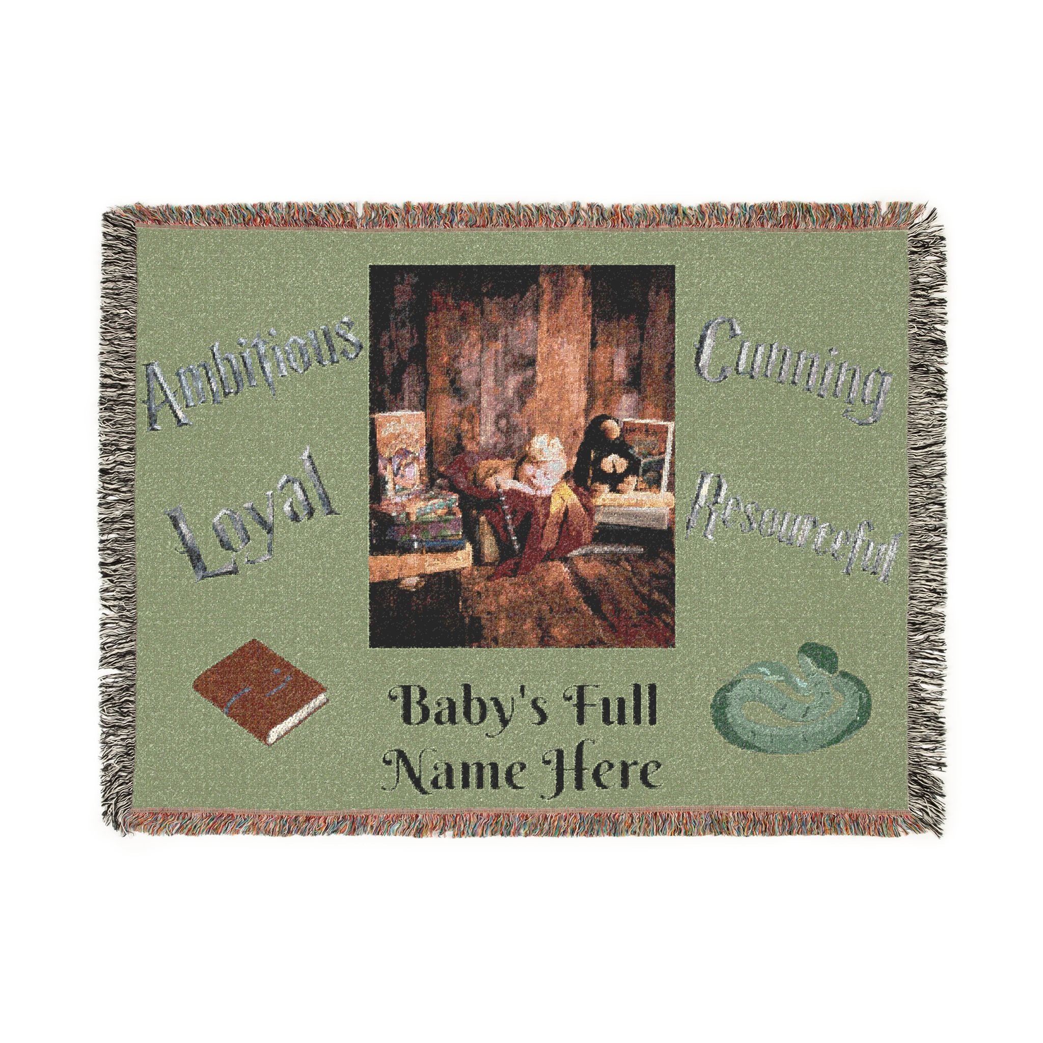 Personalized Baby Woven Blanket — Nursery Keepsake with Name, photo, and Slytherin Illustration