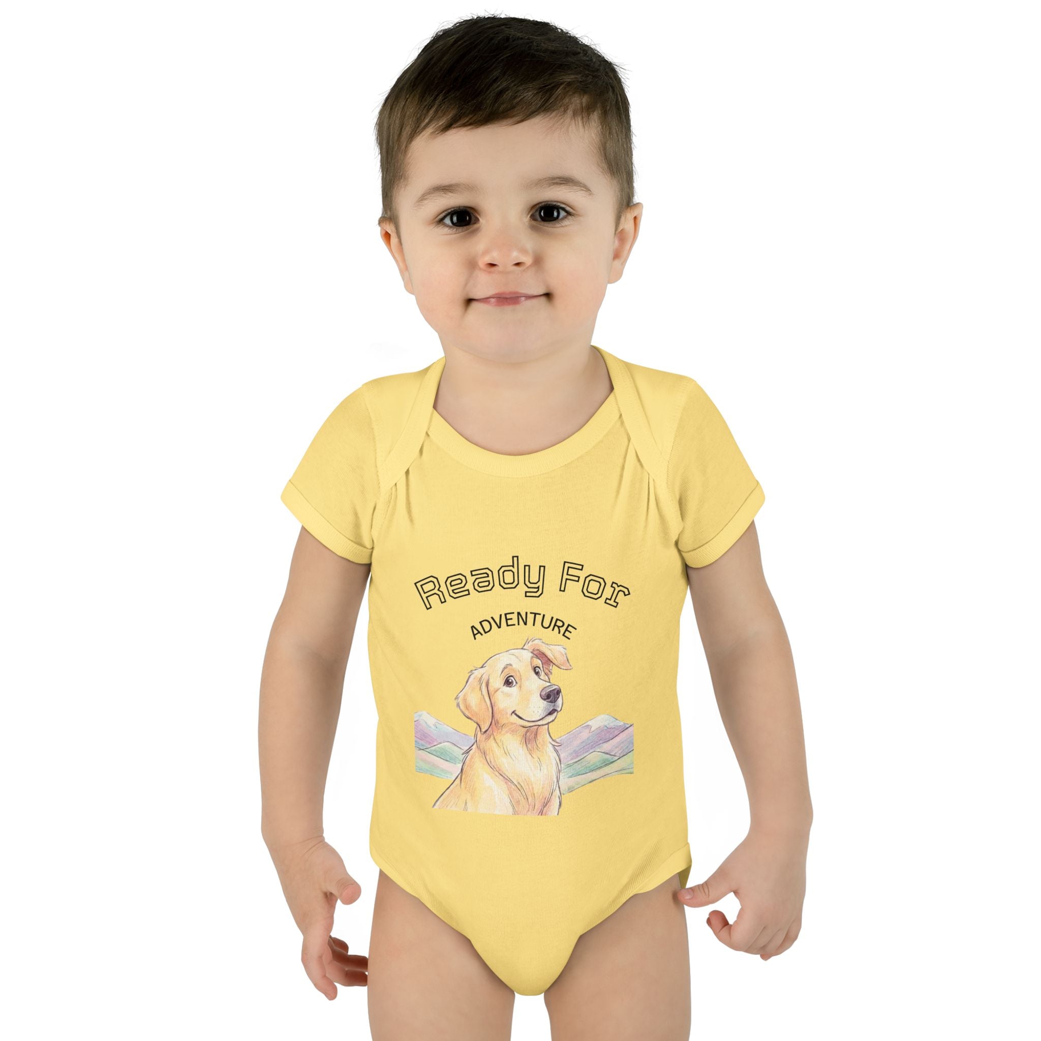 Ready for Adventure Baby Bodysuit — Golden Retriever Puppy Graphic Infant Onesie