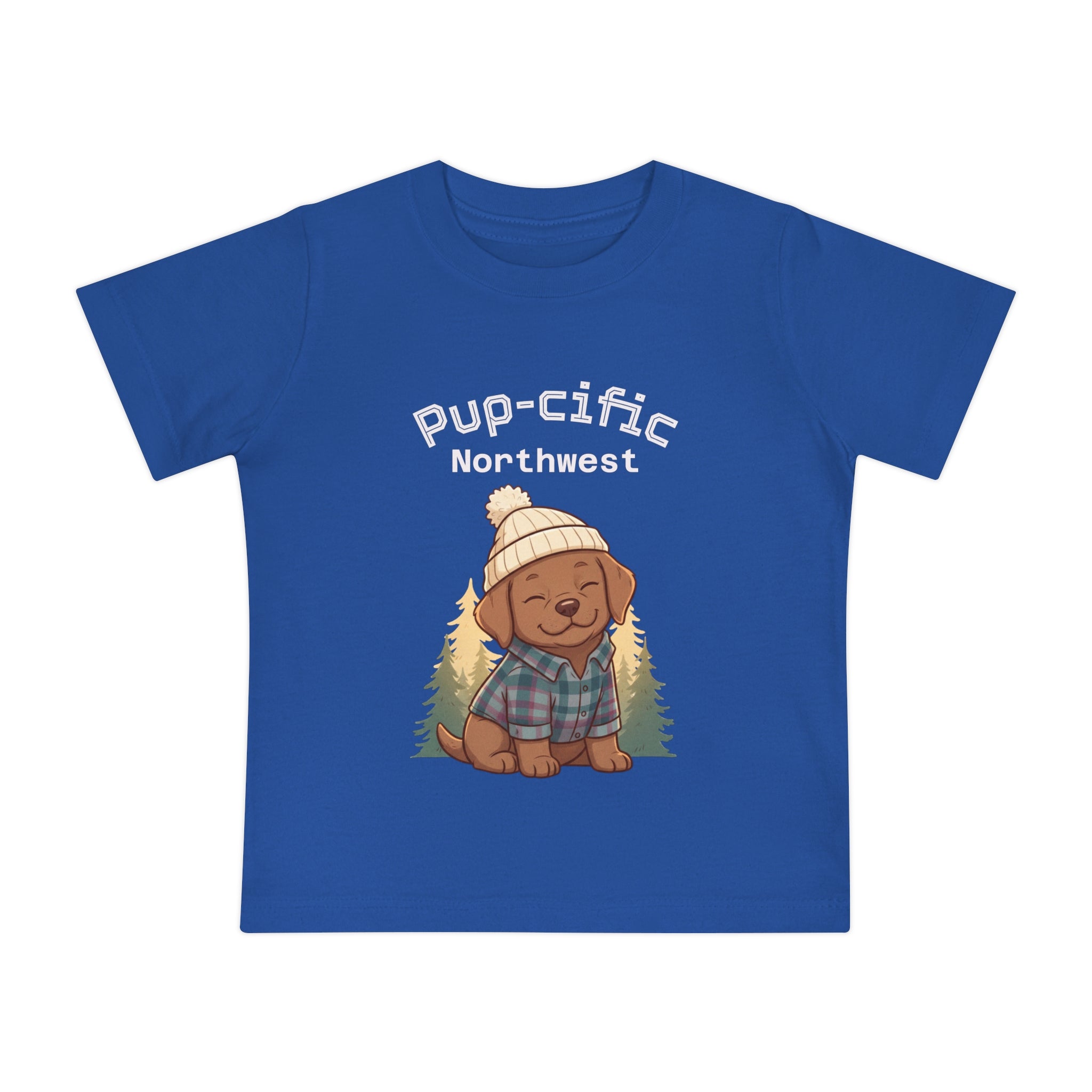 Pup-cific Northwest Baby T‑Shirt — Cute Plaid Puppy with Beanie, Baby Tee