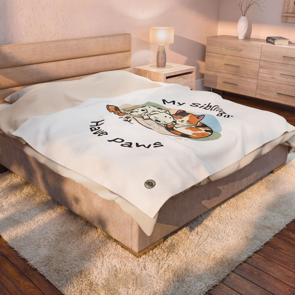 My Siblings Have Paws Velveteen Plush Blanket – Cute Dog & Cat Pet Lover Throw
