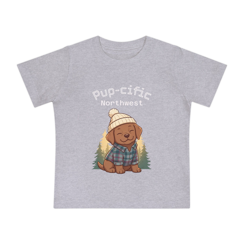 Pup-cific Northwest Baby T‑Shirt — Cute Plaid Puppy with Beanie, Baby Tee